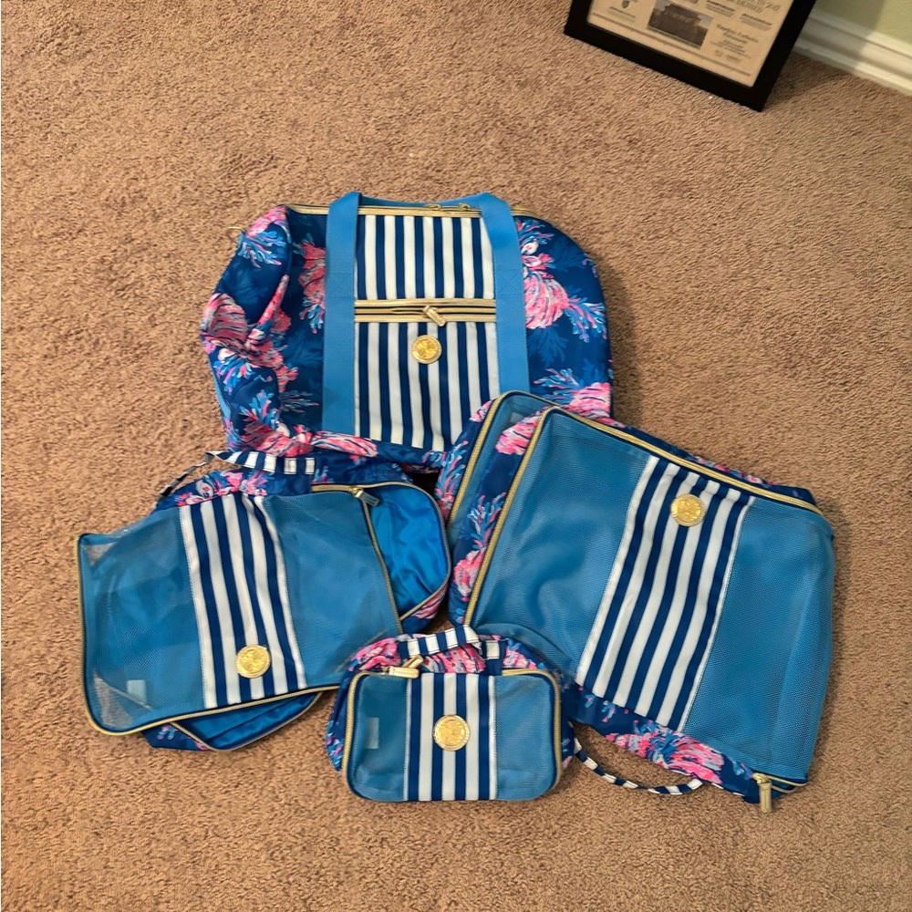 Blue and White Striped Floral Bag Set